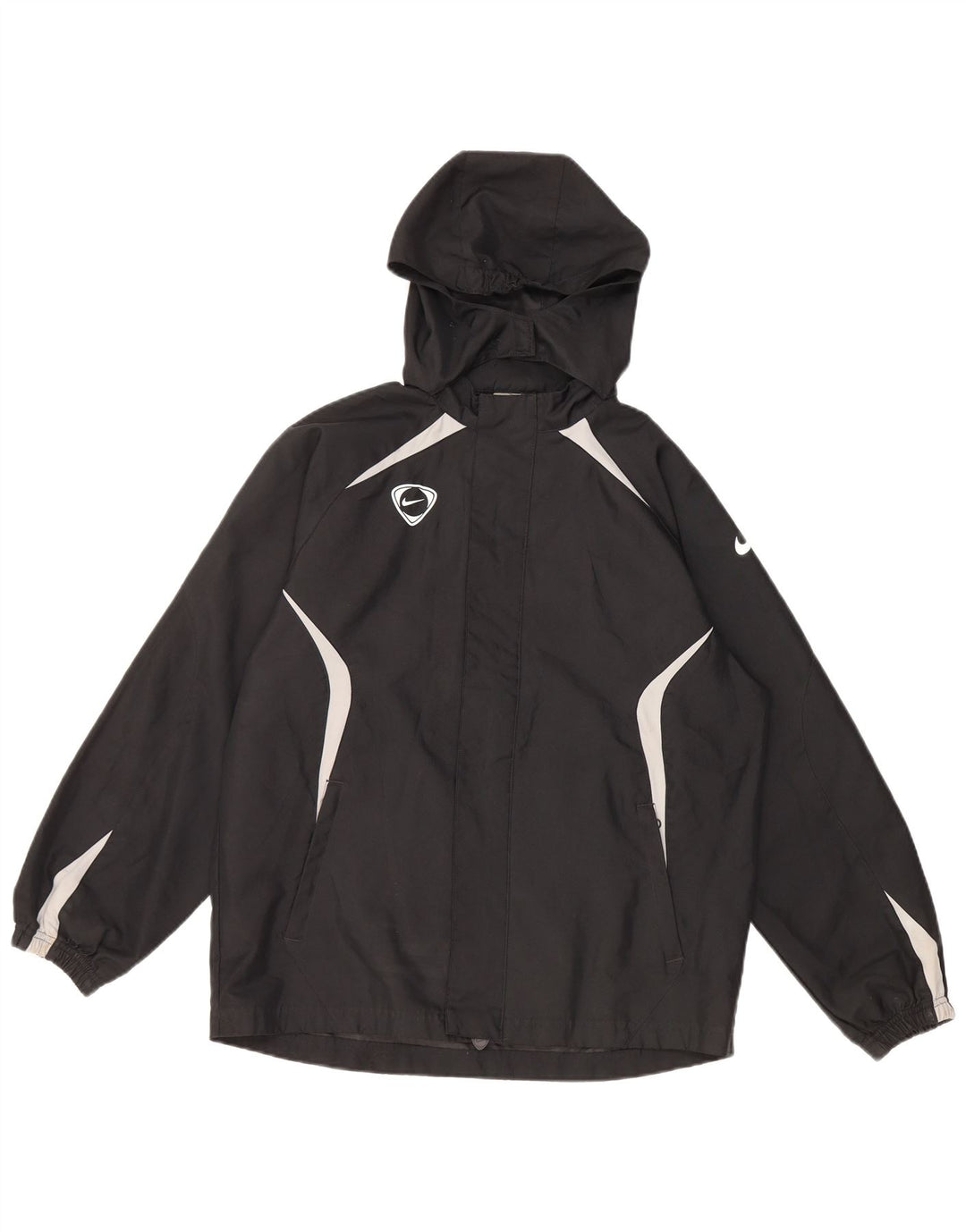 NIKE Boys Hooded Rain Jacket 12-13 Years Large Black Colorblock Polyester
