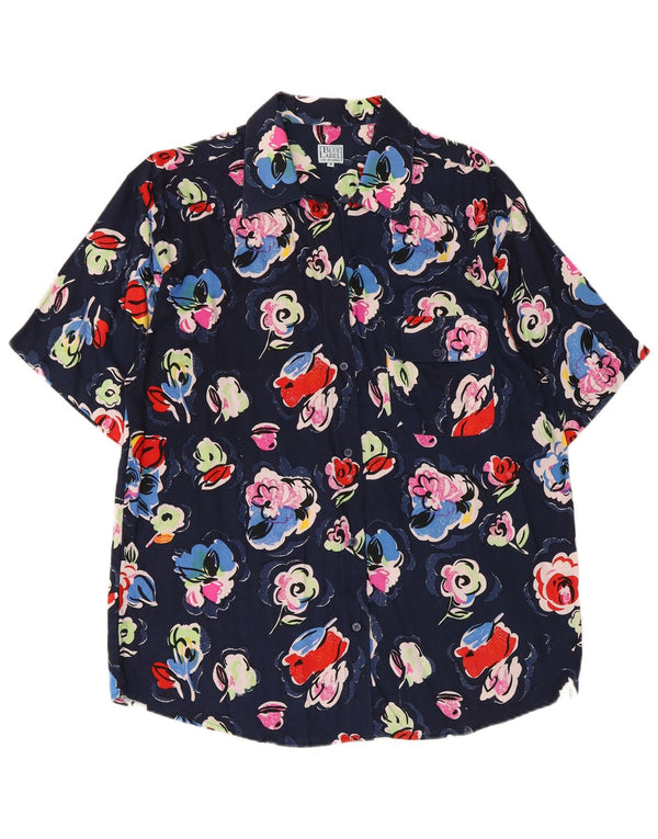 Vintage Mens Short Sleeve Shirt Medium Navy Blue Floral Viscose