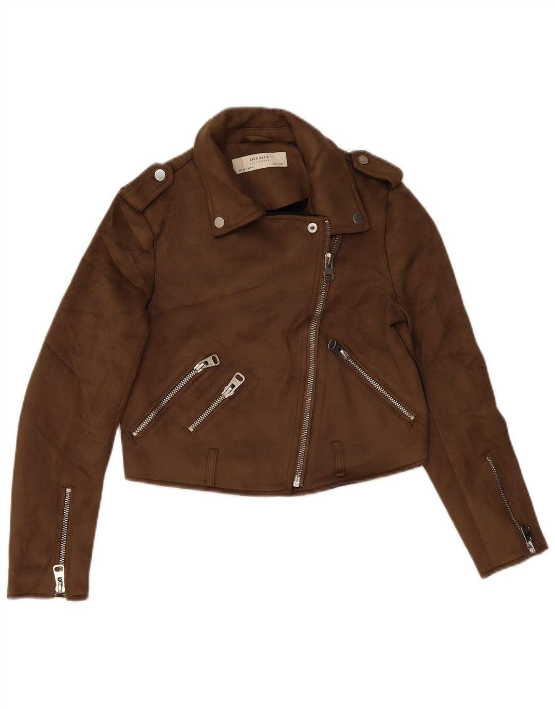 ZARA Γυναικείο Crop Faux Leather Biker Jacket UK 10 Small Brown Polyester