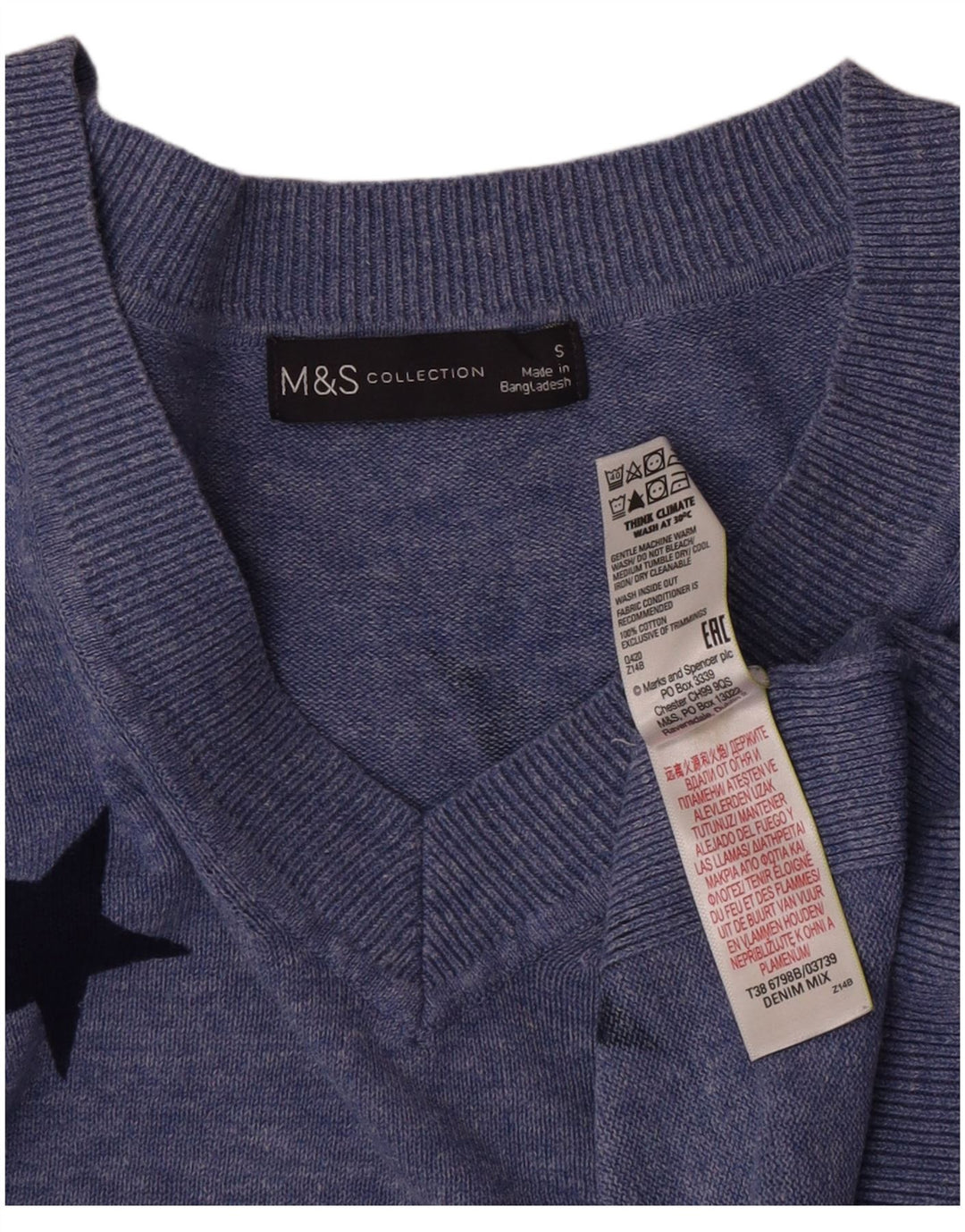 Marks & Spencer Γυναικείο πουλόβερ με γραφικό V λαιμόκοψη UK 10 Small Blue
