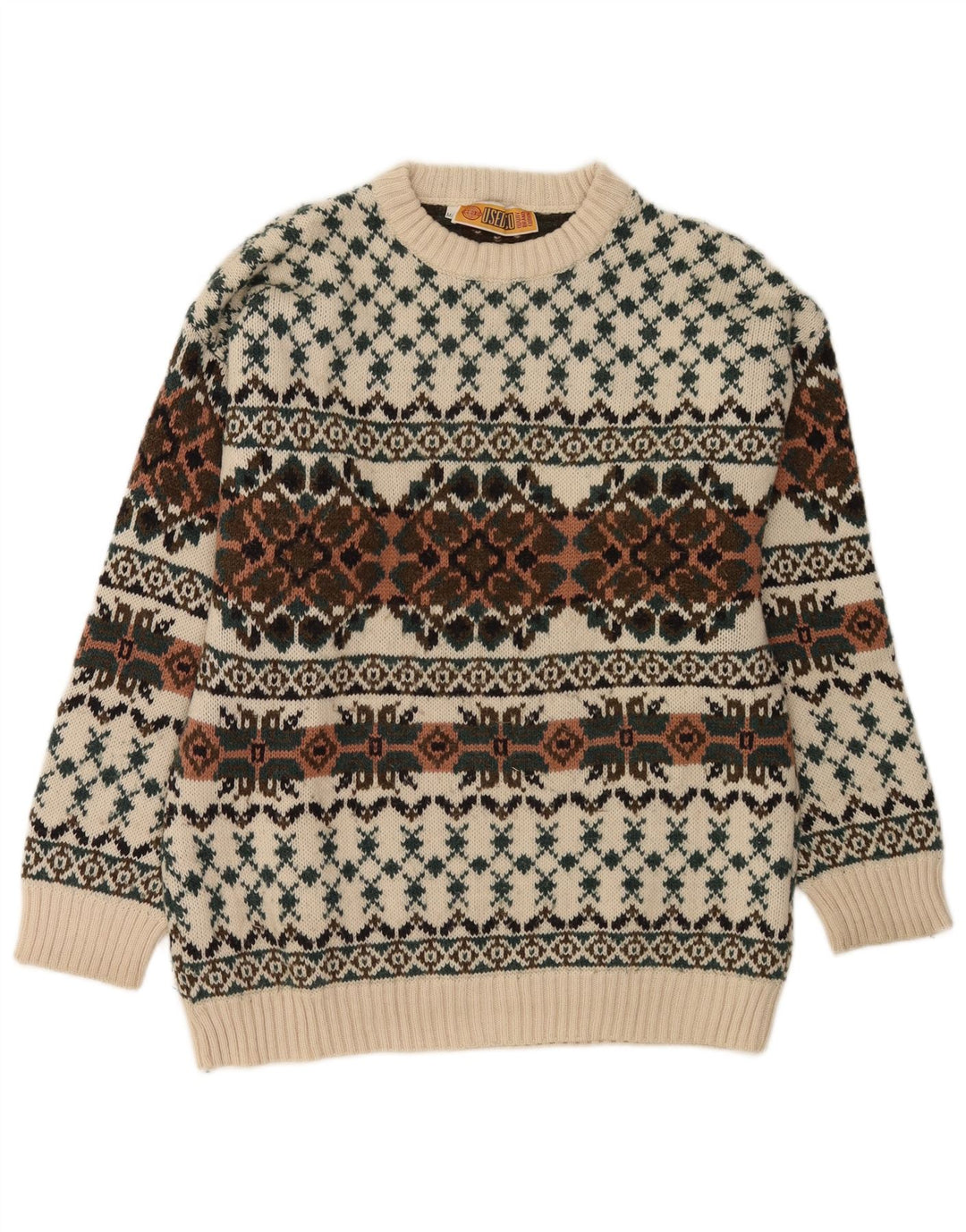 Vintage Ανδρικό πουλόβερ με λαιμόκοψη IT 50 Medium White Fair Isle Wool
