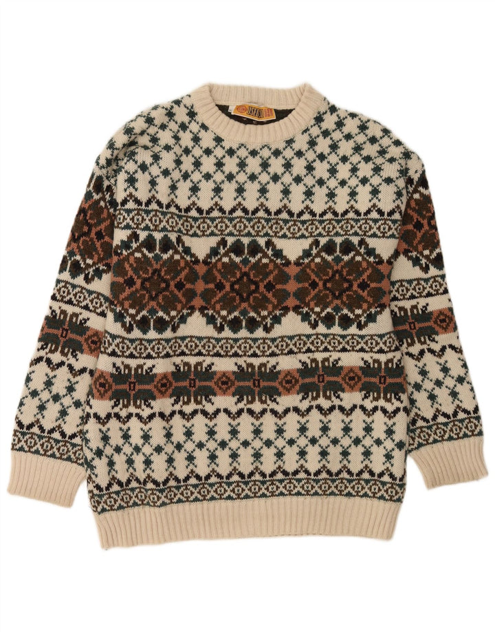 Vintage Ανδρικό πουλόβερ με λαιμόκοψη IT 50 Medium White Fair Isle Wool