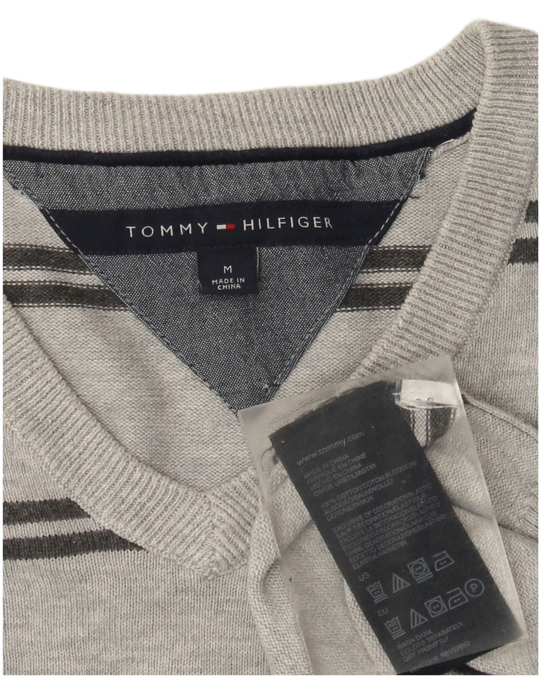 Tommy Hilfiger Ανδρικό πουλόβερ με λαιμόκοψη με λαιμόκοψη, μεσαίο γκρι βαμβακερό ριγέ