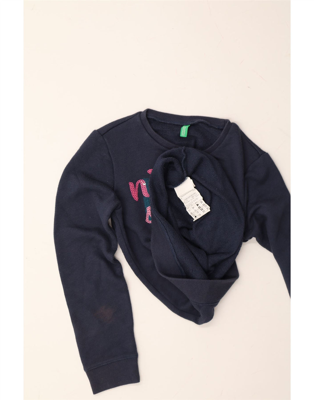BENETTON Girls Graphic Sweatshirt Jumper 7-8 Years Medium Navy Blue Vintage Benetton and Second-Hand Benetton from Messina Hembry 