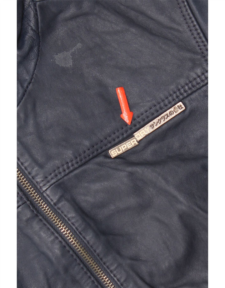 Superdry Γυναικείο Δερμάτινο Μπουφάν με κουκούλα UK 14 Medium Navy Blue Leather