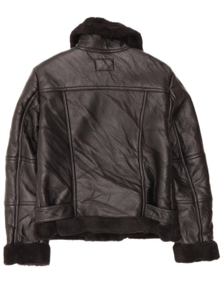 VINTAGE Γυναικείο Sherpa Faux Leather Biker Jacket UK 10 Small Black