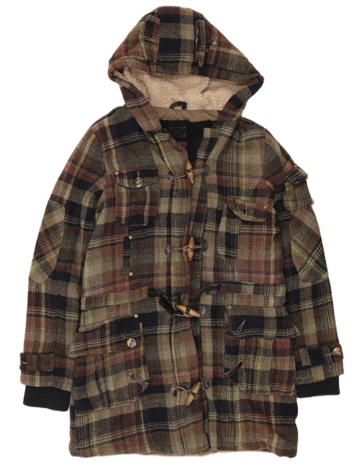 Vintage γυναικείο παλτό με κουκούλα Duffle UK 10 Small Khaki Check Wool