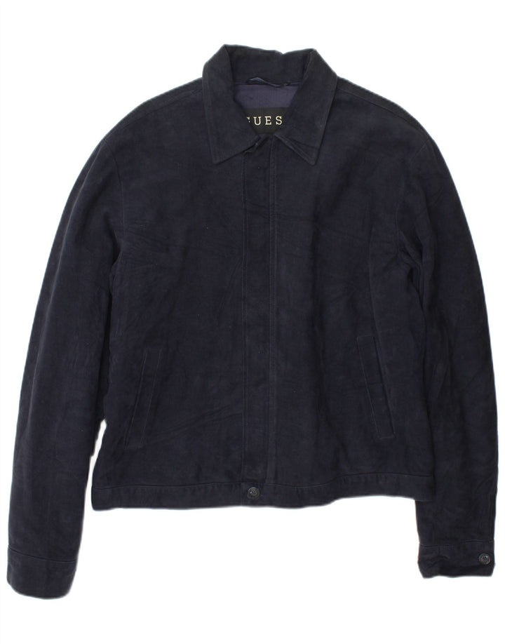 Guess Mens Bomber Jacket UK 40 Large Navy Blue Cotton