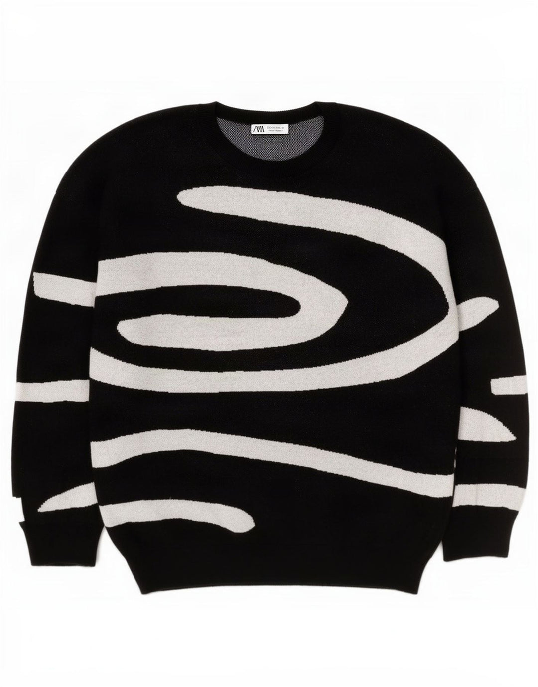 Zara Ανδρικό Abstract Pattern πουλόβερ με λαιμόκοψη, μεγάλο μαύρο βαμβακερό
