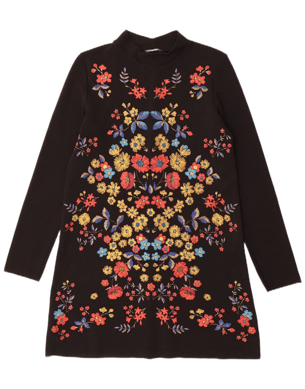 Zara Γυναικείο μακρυμάνικο φόρεμα Shift UK 10 Small Black Floral Polyester