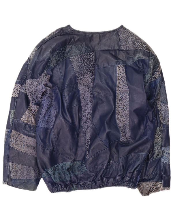 Vintage γυναικείο πουλόβερ δερμάτινο μπουφάν UK 16 Large Navy Blue Patchwork