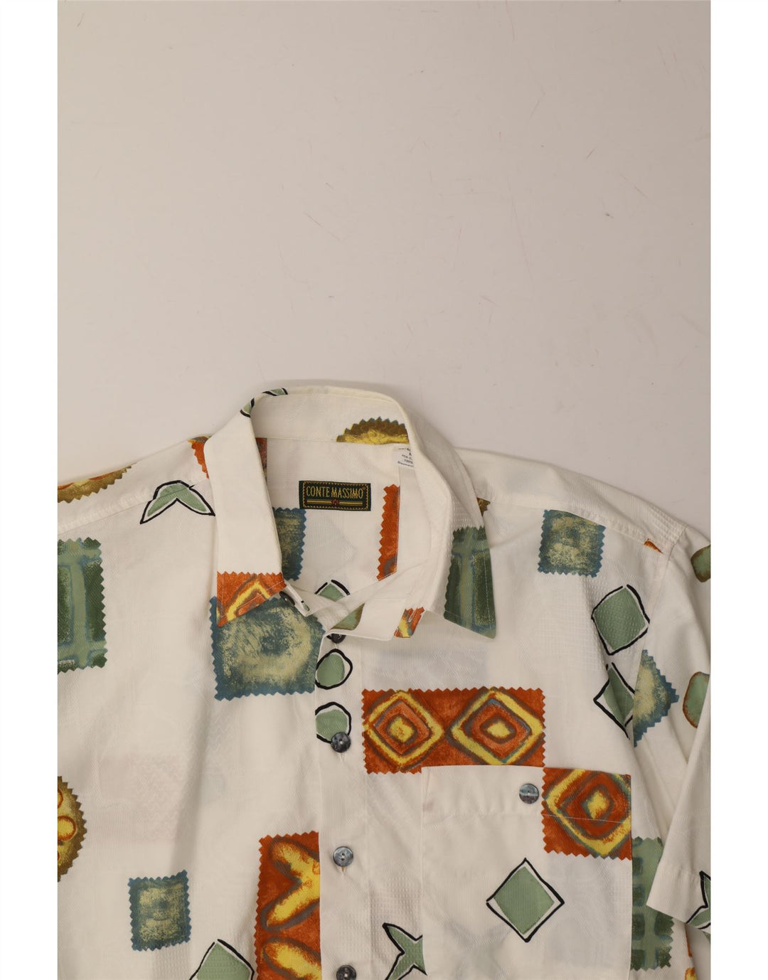 CONTE MASSIMO Mens Short Sleeve Shirt Medium White Patchwork Cotton Vintage Conte Massimo and Second-Hand Conte Massimo from Messina Hembry 
