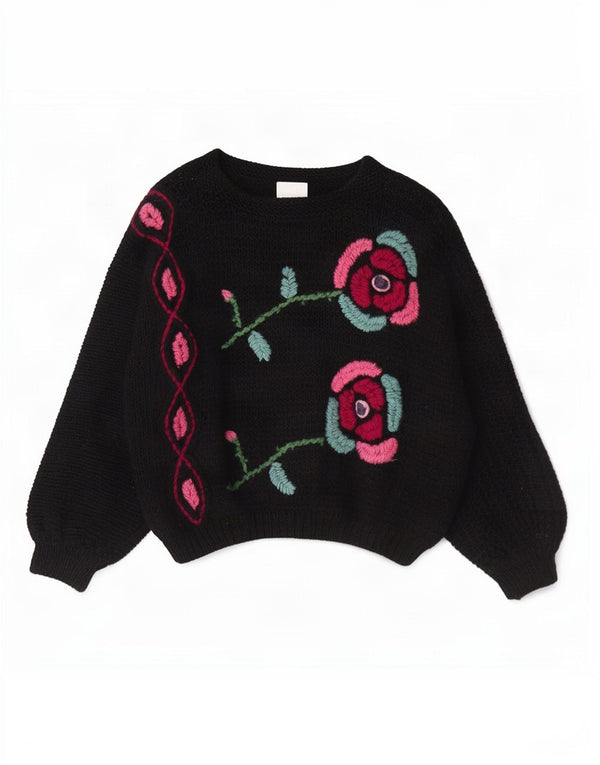 Vintage Womens Crop Boat Neck Jumper Sweater UK 14 Medium Black Floral