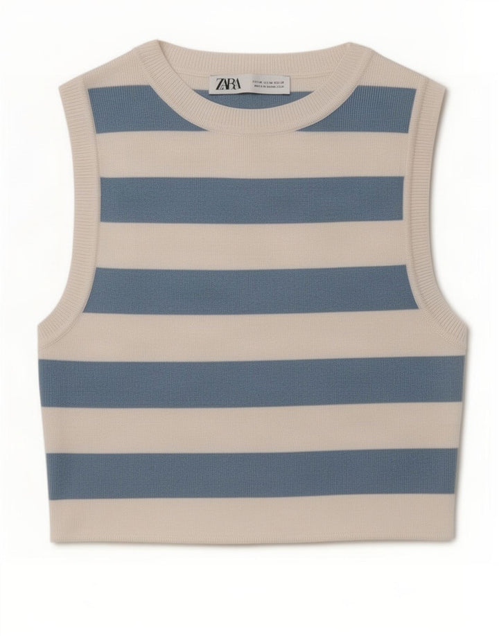 Zara Γυναικείο γιλέκο Crop UK 12 Medium Blue ριγέ