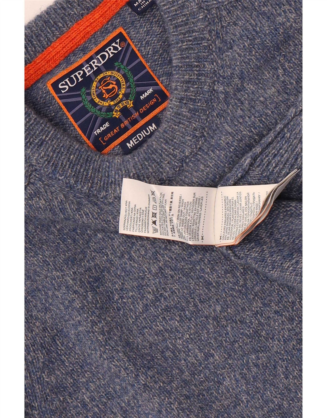 Ανδρικό πουλόβερ με λαιμόκοψη Superdry, μεσαίο μπλε μαλλί αρνιού