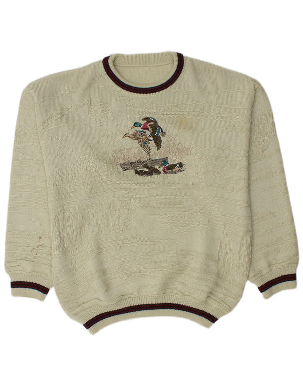 Vintage ανδρικό γραφικό πουλόβερ με λαιμόκοψη UK 46/48 2XL μπεζ ακρυλικό