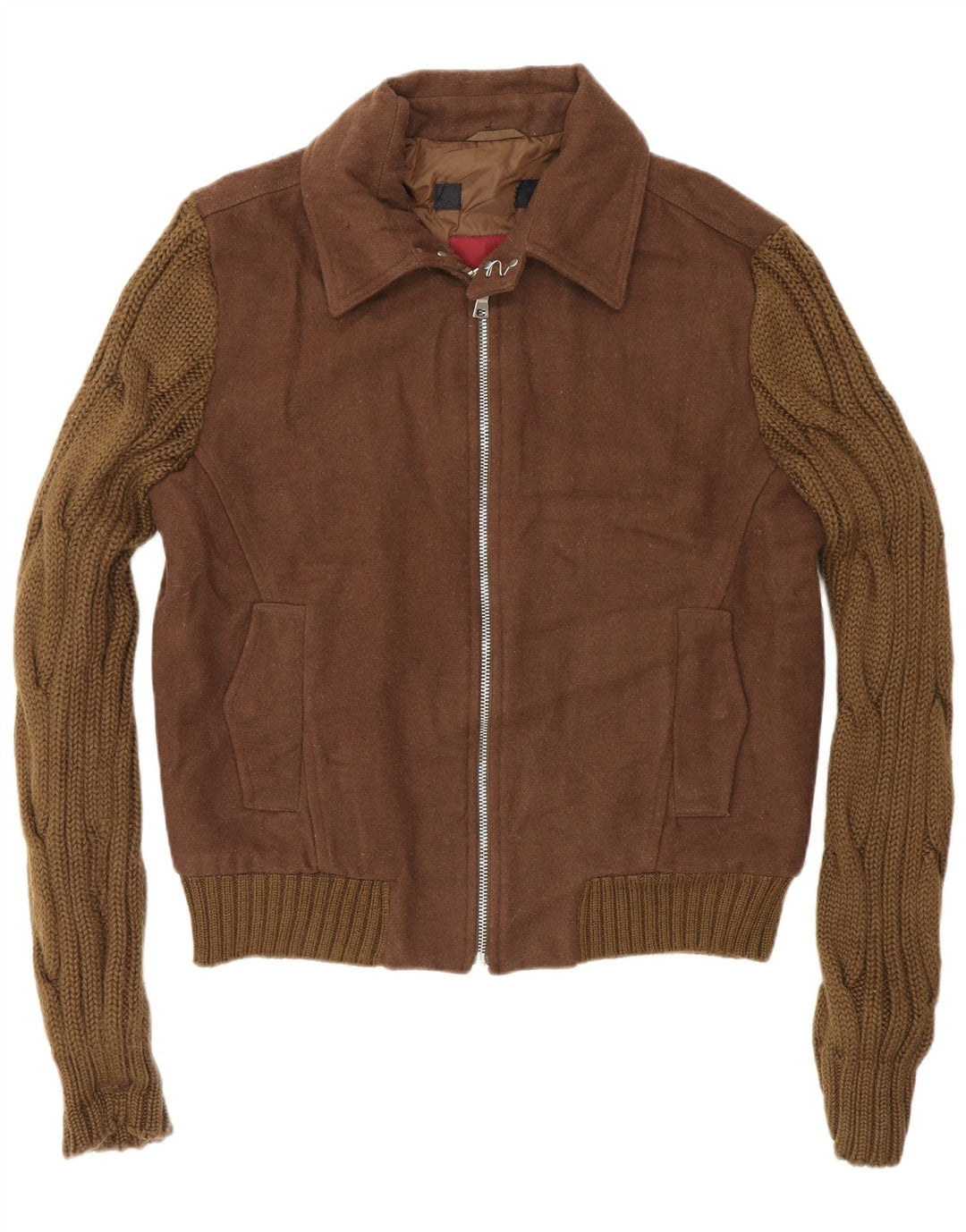 Zara Ανδρικό πλεκτό Bomber Jacket UK 40 Large Brown Colourblock μαλλί
