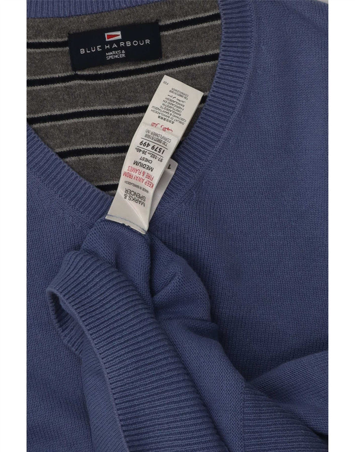 Ανδρικό πουλόβερ Marks & Spencer Blue Harbor με V-Neck Jumper Μεσαίο μπλε βαμβακερό