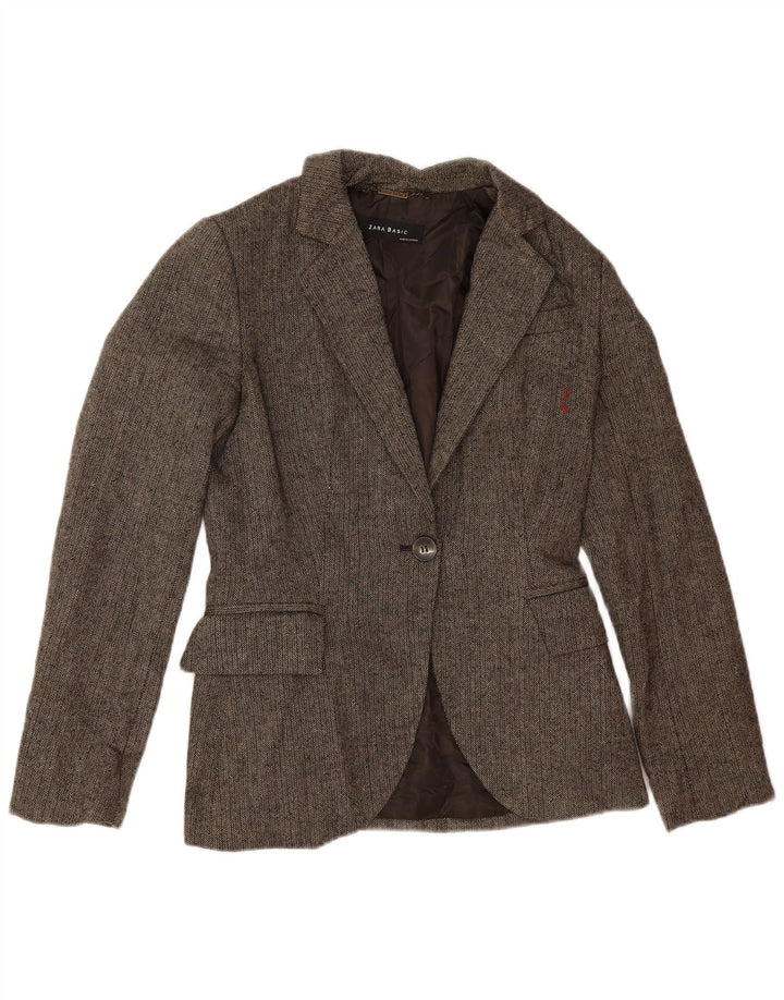 Zara Γυναικείο σακάκι 1 κουμπιού blazer UK 12 μεσαίο καφέ μαλλί ψαροκόκαλο
