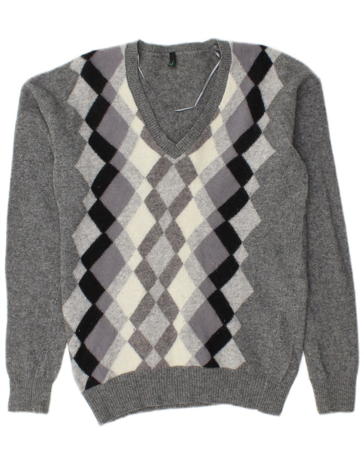 BENETTON Γυναικείο πουλόβερ με λαιμόκοψη σε V UK 10 Small Grey Argyle/Diamond Wool