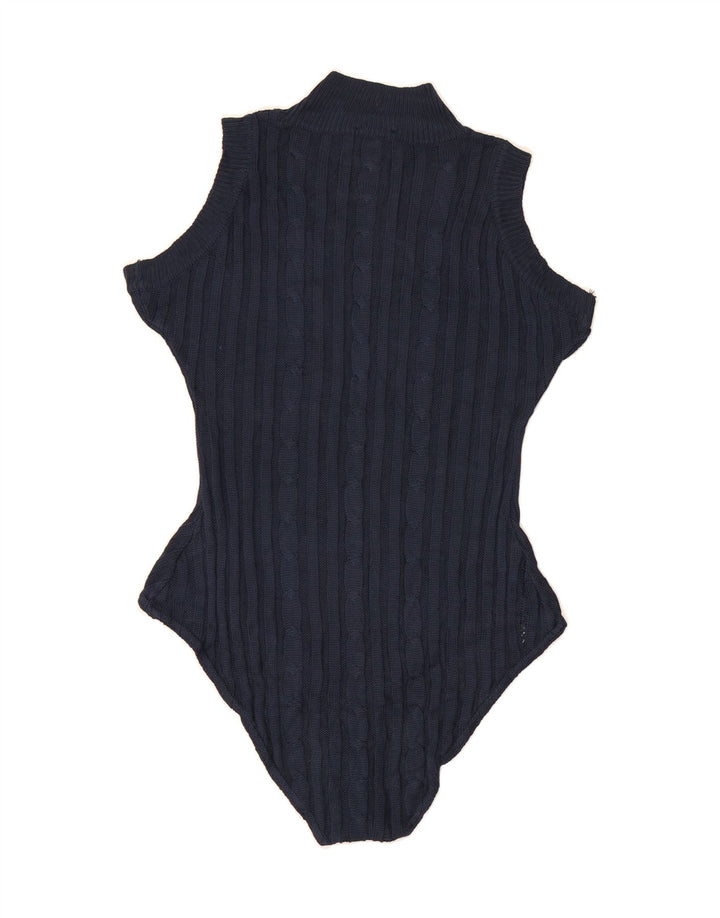 LE DONNE Womens Knit Bodysuit UK 12 Medium Navy Blue Viscose Vintage Le Donne and Second-Hand Le Donne from Messina Hembry 