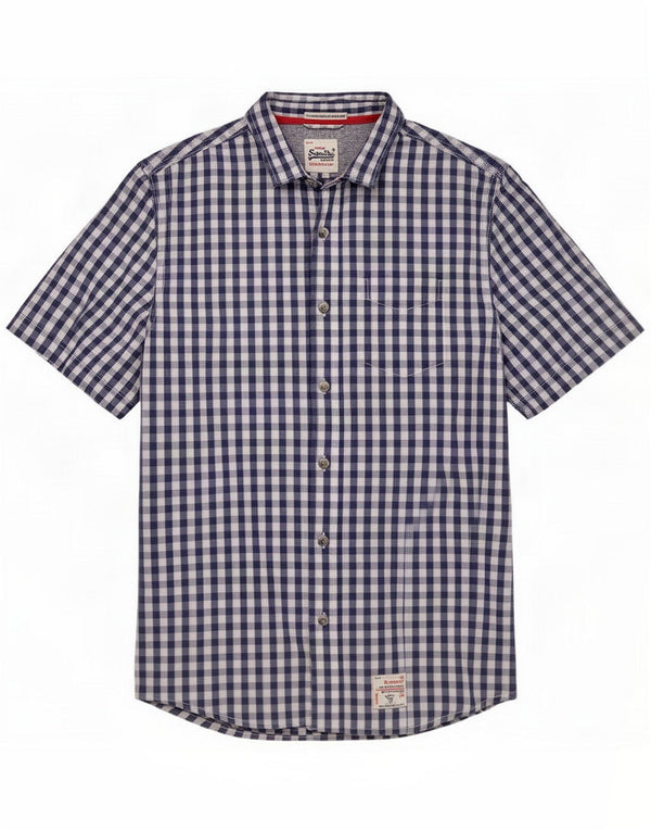 Superdry Mens Short Sleeve Shirt XL Navy Blue Gingham Cotton