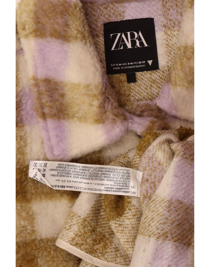 Zara γυναικείο φλις μπουφάν υπερμεγέθη UK 10 Small Beige καρό πολυεστέρα