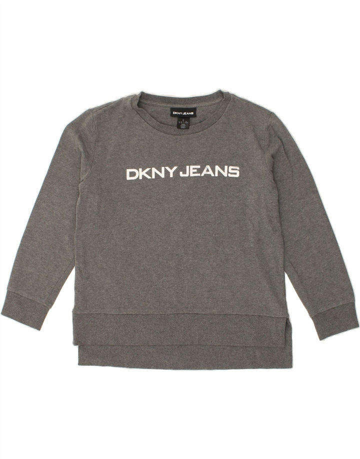 DKNY Womens Graphic Sweatshirt Jumper UK 14 Large Grey Cotton Vintage Dkny and Second-Hand Dkny from Messina Hembry 