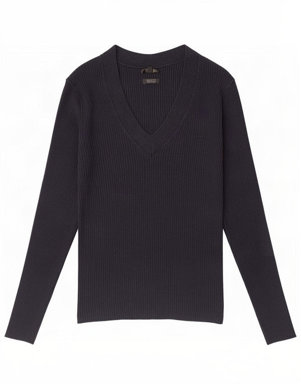 Massimo Dutti Womens V-Neck Jumper Sweater UK 8 Small Navy Blue Silk