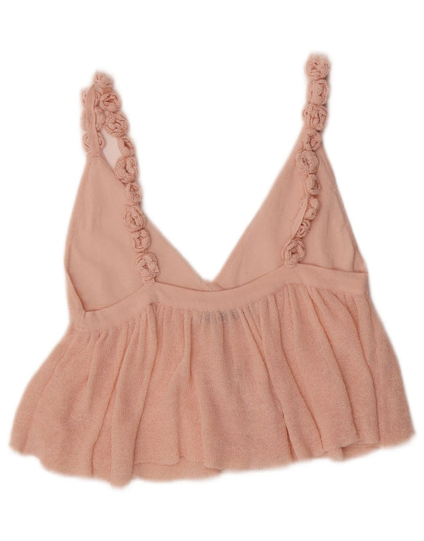 Zara Γυναικείο πλεκτό Αμάνικο Crop Top UK 12 Medium Pink Floral