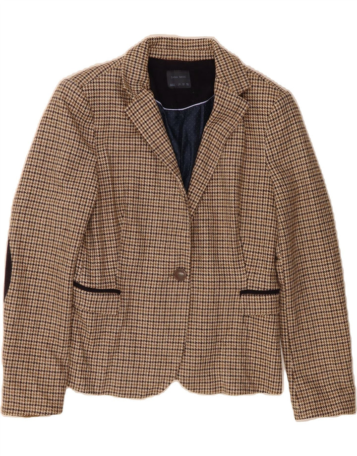 ZARA Womens 1 Button Blazer Jacket UK 14 Large Brown Houndstooth Acrylic Vintage Zara and Second-Hand Zara from Messina Hembry 