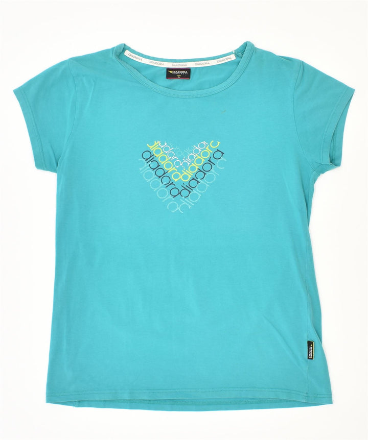 DIADORA Womens Graphic T-Shirt Top UK 18 XL Turquoise Cotton | Vintage | Thrift | Second-Hand | Used Clothing | Messina Hembry 