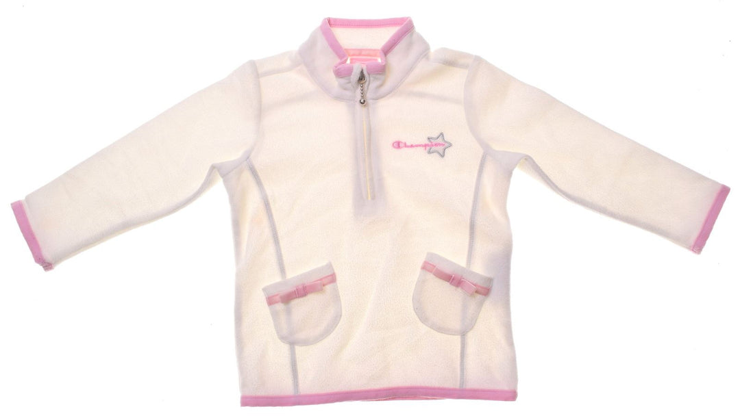 CHAMPION Girls Zip Neck Fleece Jumper 9-12 Months Small White Polyester - Second Hand & Vintage Designer Clothing - Messina Hembry
